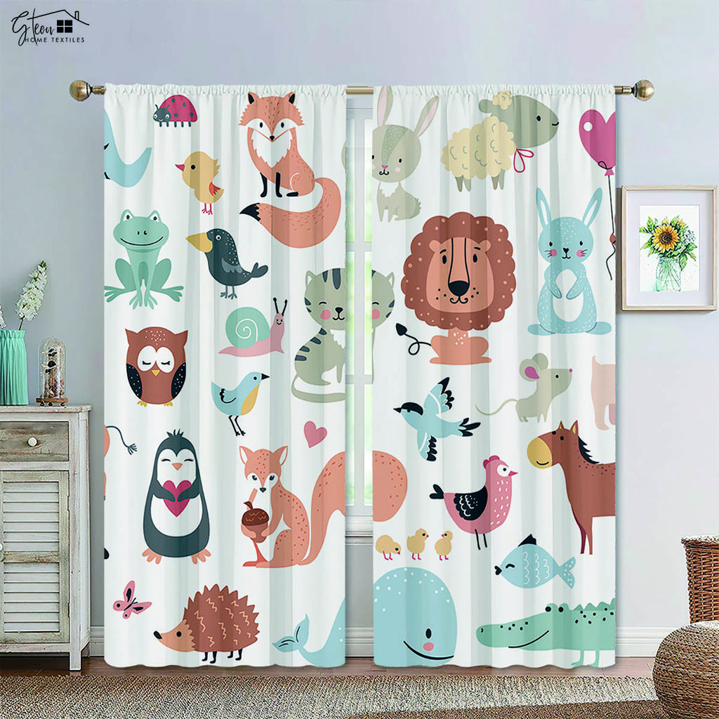 Cartoon Animal Curtains Pet Cat Dog Lion Leopard Elephant Giant Panda Fox Monkey Rabbit Penguin Whale Children's Printed Curtain