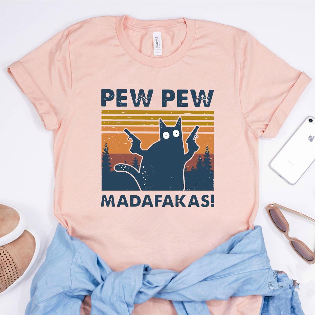 2025 Pew Pew Madafakas TShirt Funny Cat Shooting Graphic Tee Vintage 90s Sunset Shirt unisex short sleeve shirts Cat Lover Gift