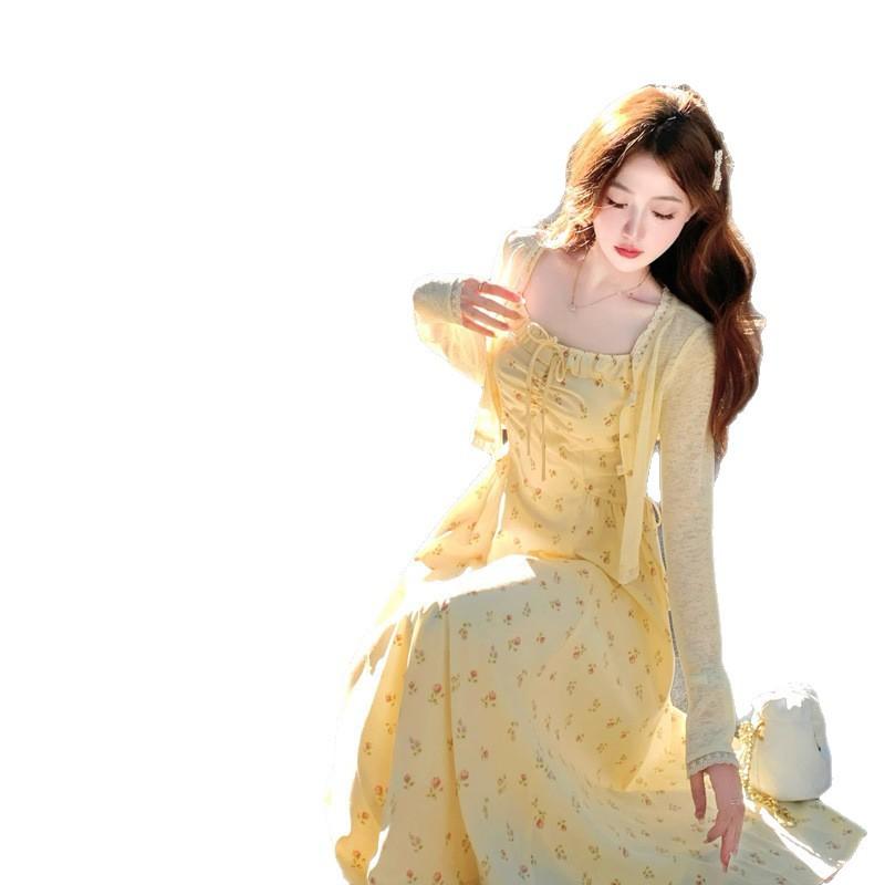 French Yellow Floral Dress Small Suspender Dress Women's Summer New Atmosphere Commuter Temperament Long Skirt