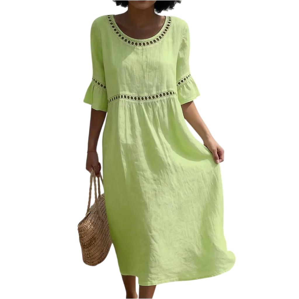 Fashionable Ladies Color Retro Laced Lace Round Neck Cotton Linen Dress Women