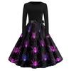 Women Vintage Halloween Print Long Sleeve Crew Neck Dress with Belt Retro Casual Fit and Flare Midi Dress for Holiday Party
