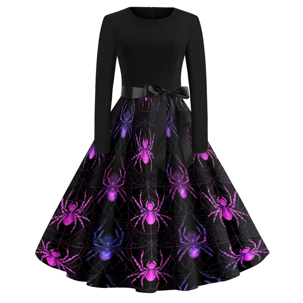 Women Vintage Halloween Print Long Sleeve Crew Neck Dress with Belt Retro Casual Fit and Flare Midi Dress for Holiday Party