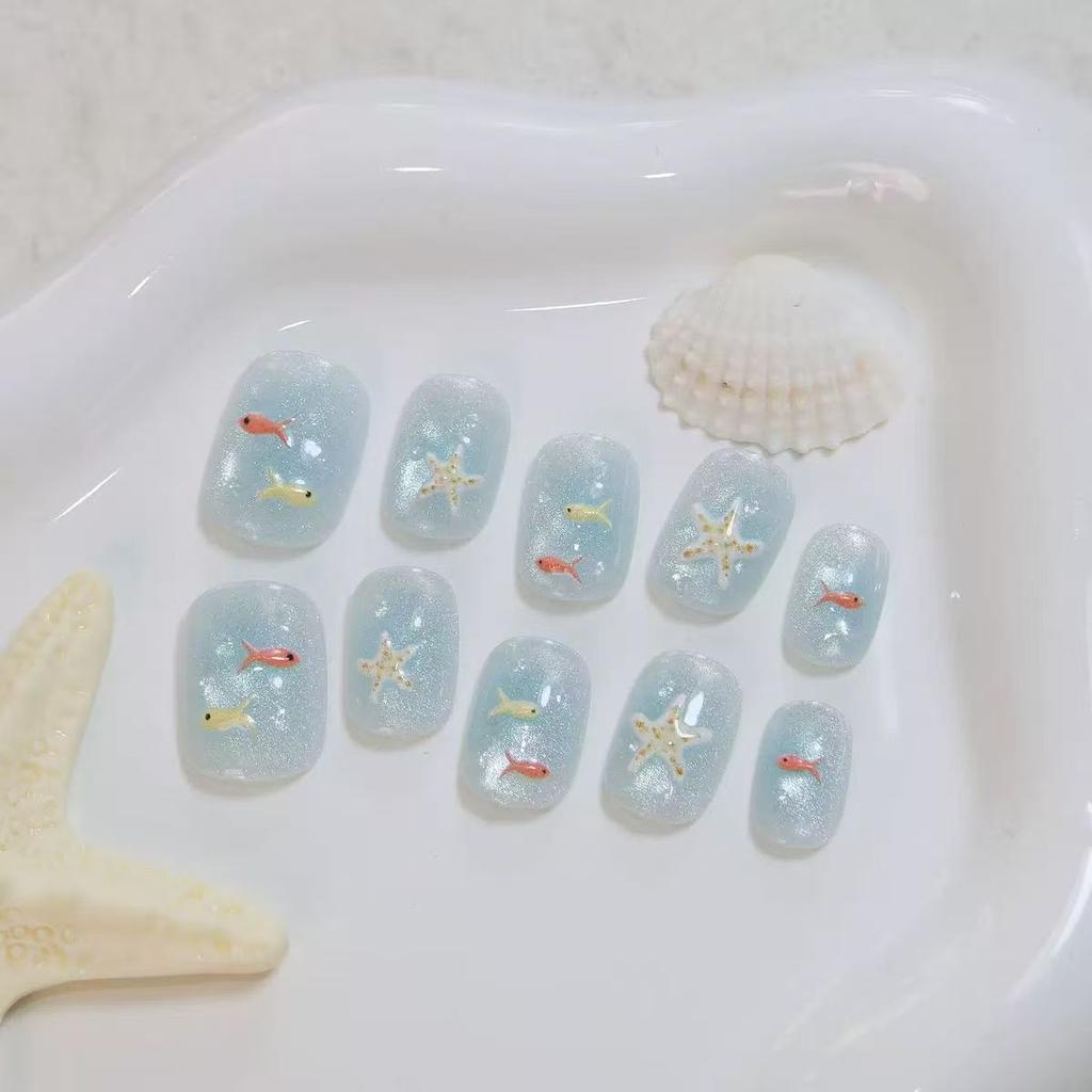 10Pcs Short Square Blue Glitter Cat Eye Ocean Starfish Fish Design Reusable Press On Nails For Women