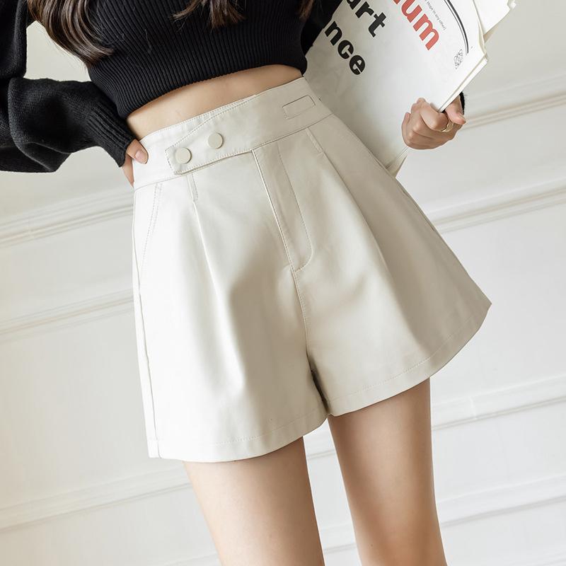 Shorts Women's Casual High Waist Leather Pants Loose Slit Slim A-line Wide-leg Pants