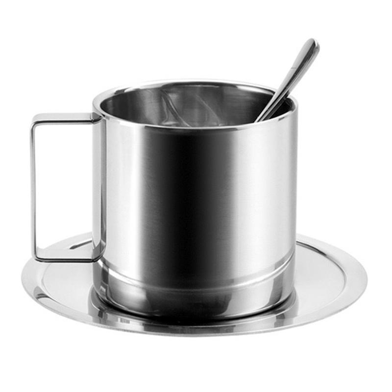 Style INS Mug Minimaliste Nordique Lot de 3 pièces Mug à Café en Acier Inoxydable 304 Résistant à la Chaleur Tasse à Lait avec Soucoupe Cuillère Set de Sets de Table