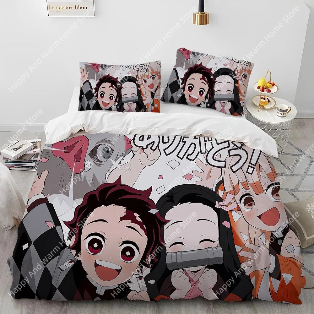Demon Slayer Beding Set Kamado Nezuko Soft Duvet Cover Set Bedspread Pilowcase King Quen Ful Single Sized Dimensions Bed Linen Young Boys Ten Gift