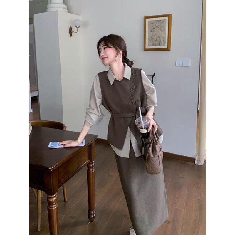 2025 Spring/Fall Women's Fashion Set: High-End Vest, Long Sleeve Shirt & High Waist Slimming Midi Skirt