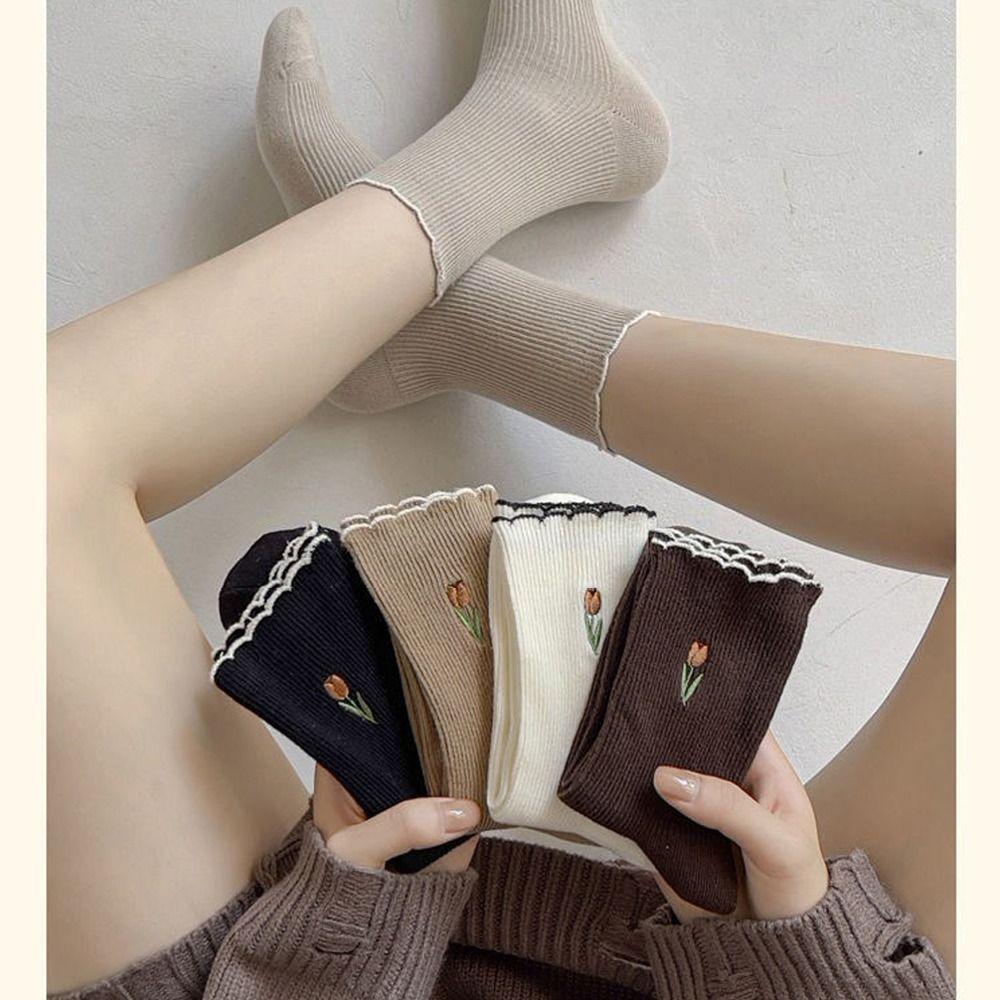 5pairs Crew Length Mid Tube Socks Tulip Floral Embroidery Ruffle Socking  Autumn Winter
