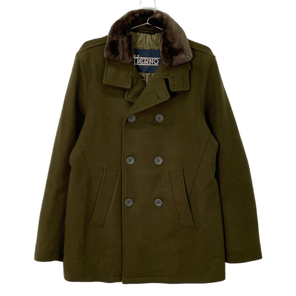 Herno PE0013U Khaki Beaver Fur Stand-Up Collar P-Coat Coat 48 khakiUsed
