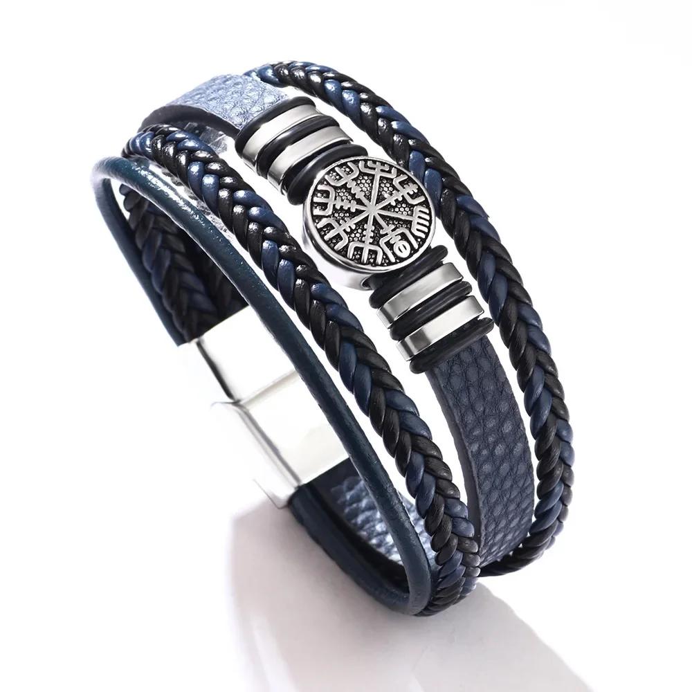 Vintage Punk Men Leather Bracelets for Men Fashion All-match Multi-layer Braided Leather Bracelets Scripture Compass Devil Eye
