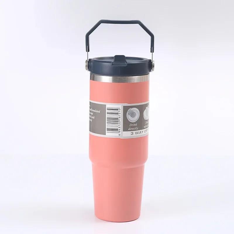 30oz Large Capacity Portable Car Cup Stainless Steel Thermos Cup with Straw & Handle Travel Sports Water Bottle Vacuum Flask