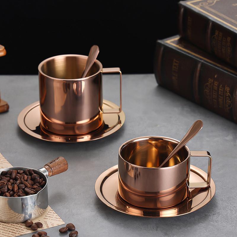 Tasse à café en acier inoxydable 170/200/250/280 ml Tasse à lait et ensemble soucoupe Avec sous-tasse Tapis Cuillère Poignée Facile à nettoyer et réutilisable