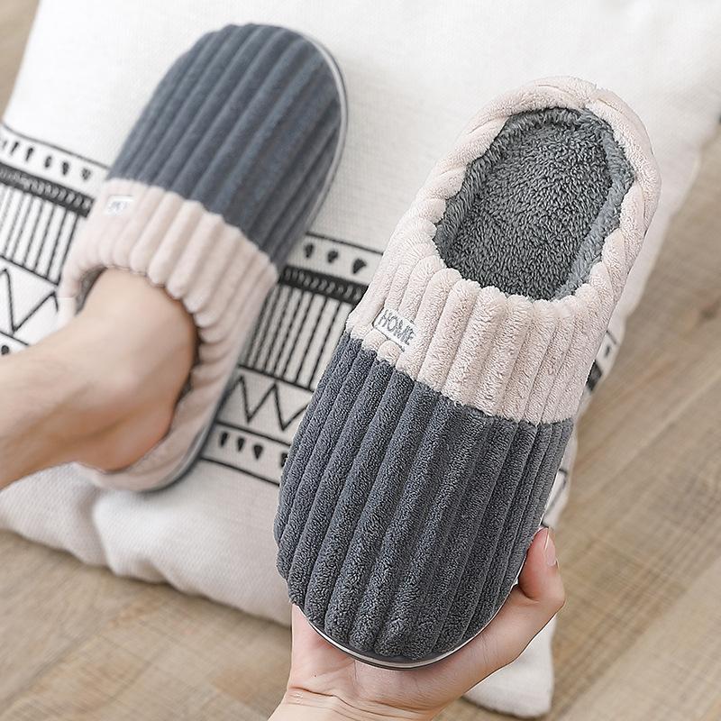 Home cotton slippers winter indoor home non-slip couple simple stripes plush warm cotton drag winter