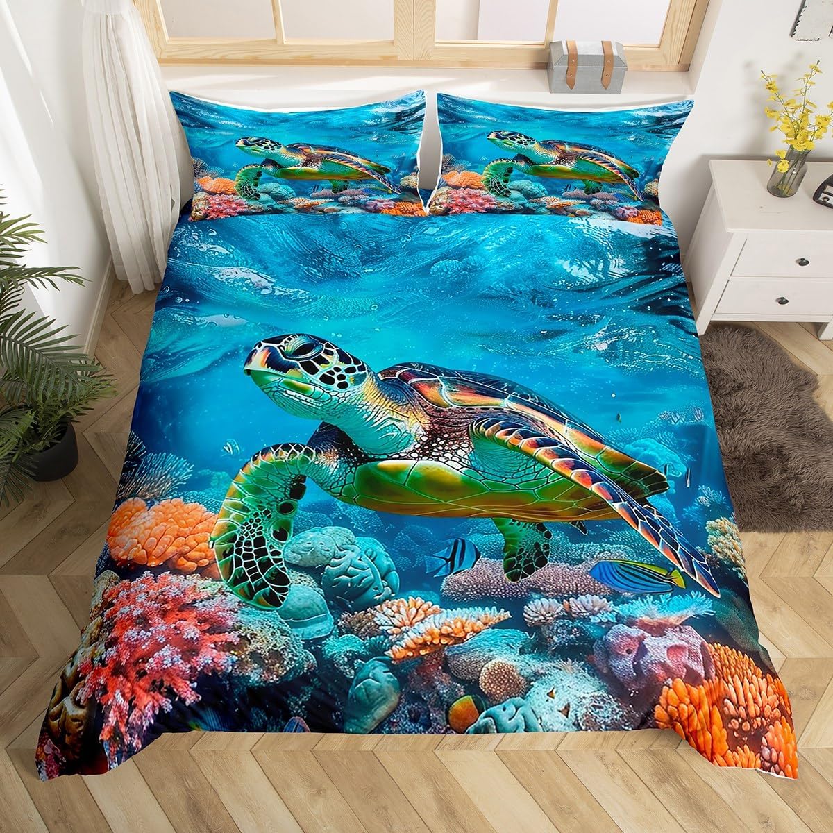

Comforter Sea Turtle Ocean Animal Bedding Set Microfiber Marine Life Twin Full Queen King For Kids Adult Bedroom Comforter (quilt)-EU Single(135*200cm)3pcs