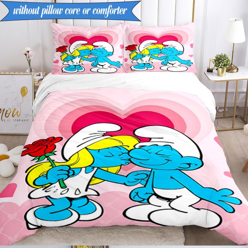 3PCS Blue Smur-f Characters Bedding Set,Including 1pc Duvet Cover And 2pcs Pillowcases Perfect for Bedroom, Dormitory, Fan Christmas gift