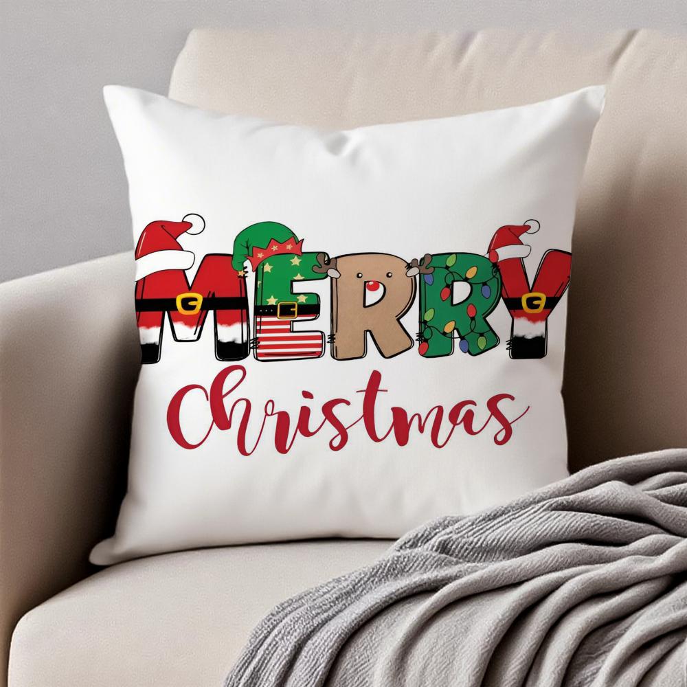 Happy Red Festive Cozy Art Merry Christmas Cushion Cover Pillowcase Anti-Dustmite Invisible Zipper Short Plush Sofa Cushion