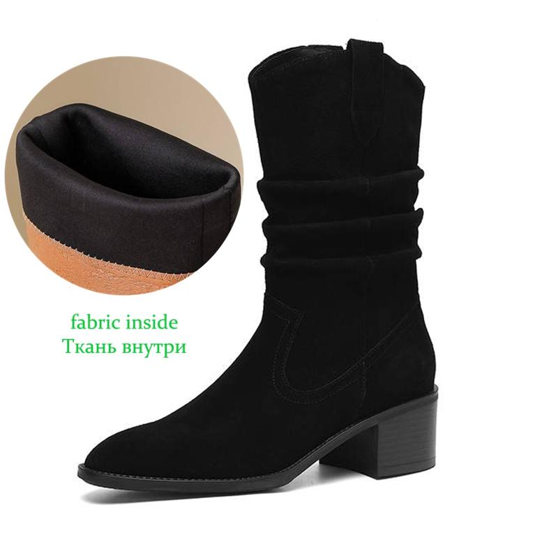 Krazing Pot Cow Suede Nubuck Winter Round Toe Modern Boots Med Heels Slip On Pleated Decoration Women Mid-calf Boots