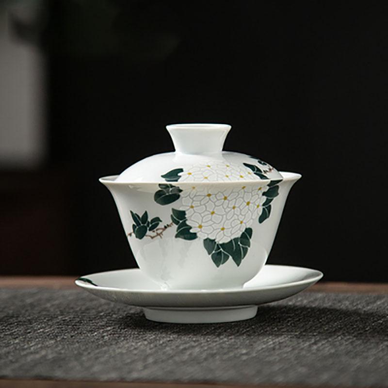 Ceramic Handmade Kung Fu Zen Gaiwan, Creative Hand-painted Chrysanthemum Tea Set, Office Tea Bowl with Saucer, Drinkware