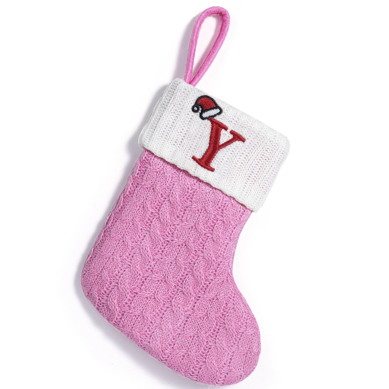 Pink Wool Knitted Christmas Stocking with Cute Letter Design