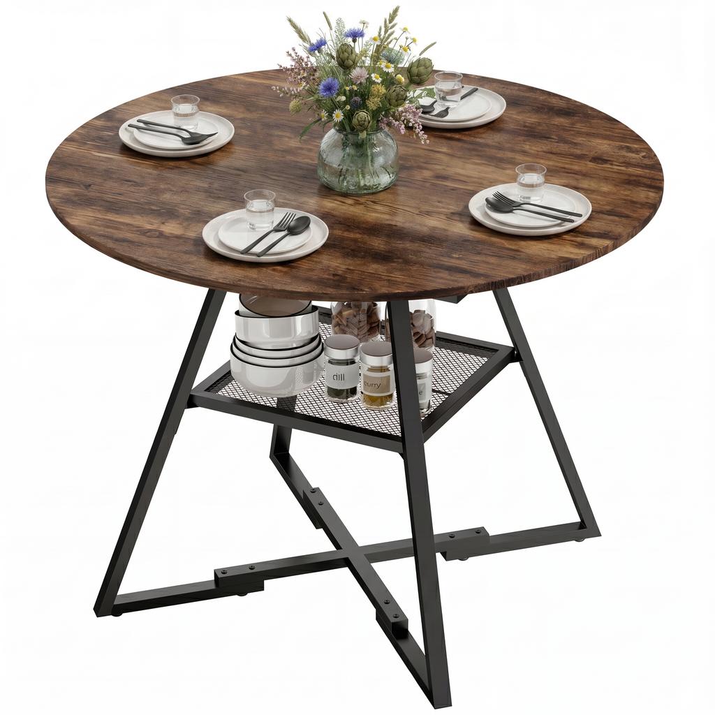 Dining Table for 4 People, 100 Cm Round Industrial Kitchen Table with Storage Shelf, Rustic Brown