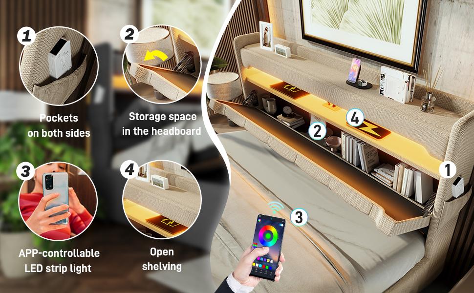 Upholstered Double Bed 140*200, Storage Headboard, USB and Type C Port, 360 Surround LED Head and Foot, Hydraulic Storage, Beige, Linen (No Mattress)