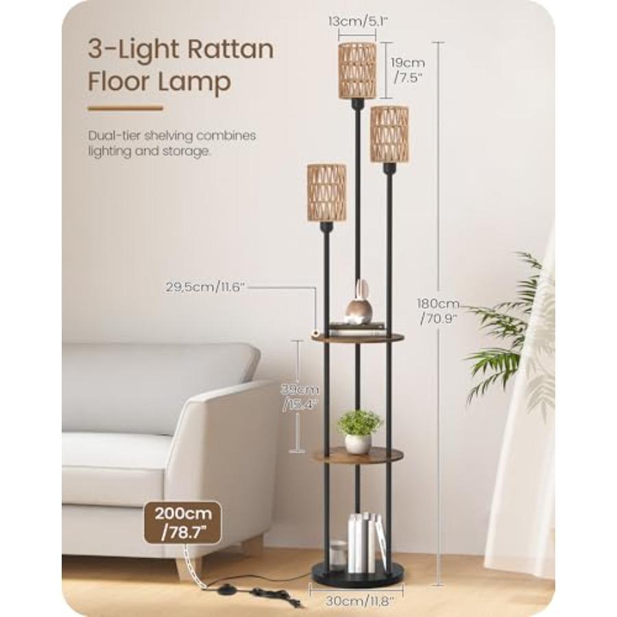 Boho Floor Lamp with Shelves and Foot Switch 3-Light Standing Lamp in Rustic Brown and Yellow for Living Room Bedroom Study