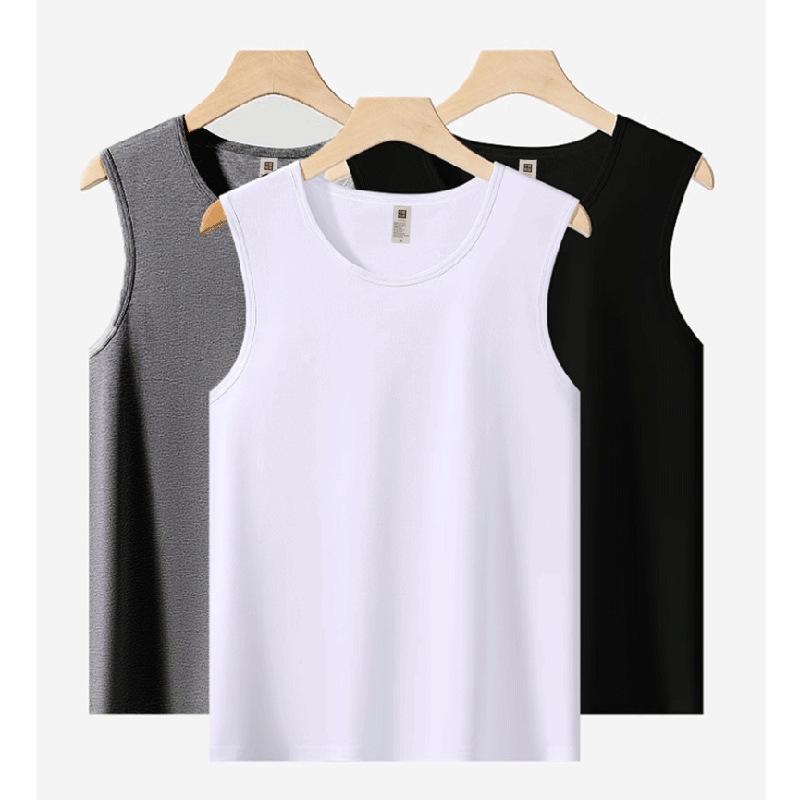 Men's White 230g Pure Cotton Summer Tank Top - Loose Fit, Crew Neck, Sleeveless Vest, Wide Shoulder.