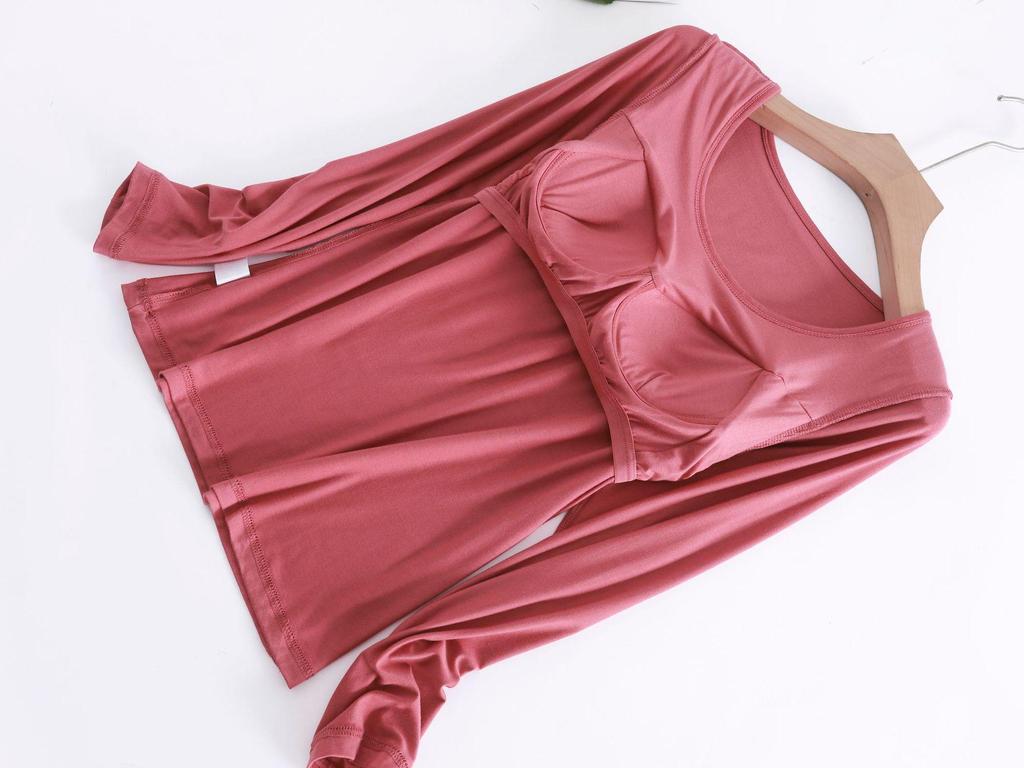 Modal Cup Integrated Long-Sleeve Women's Korean-Style Loose Pajama Top with Chest Pad