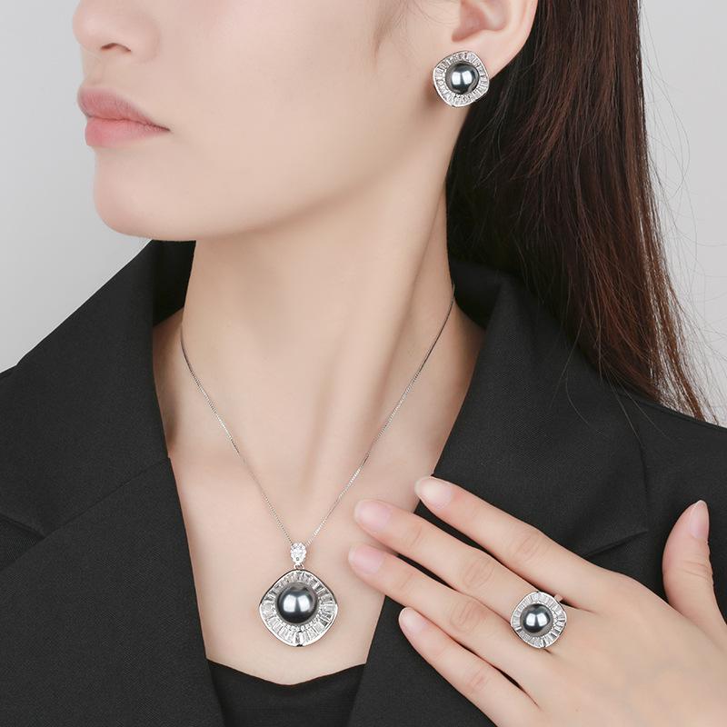 Jewelry Copper Bottom Gold-Plated Inlaid Gray Pearl Square Set Women 16-12Mm