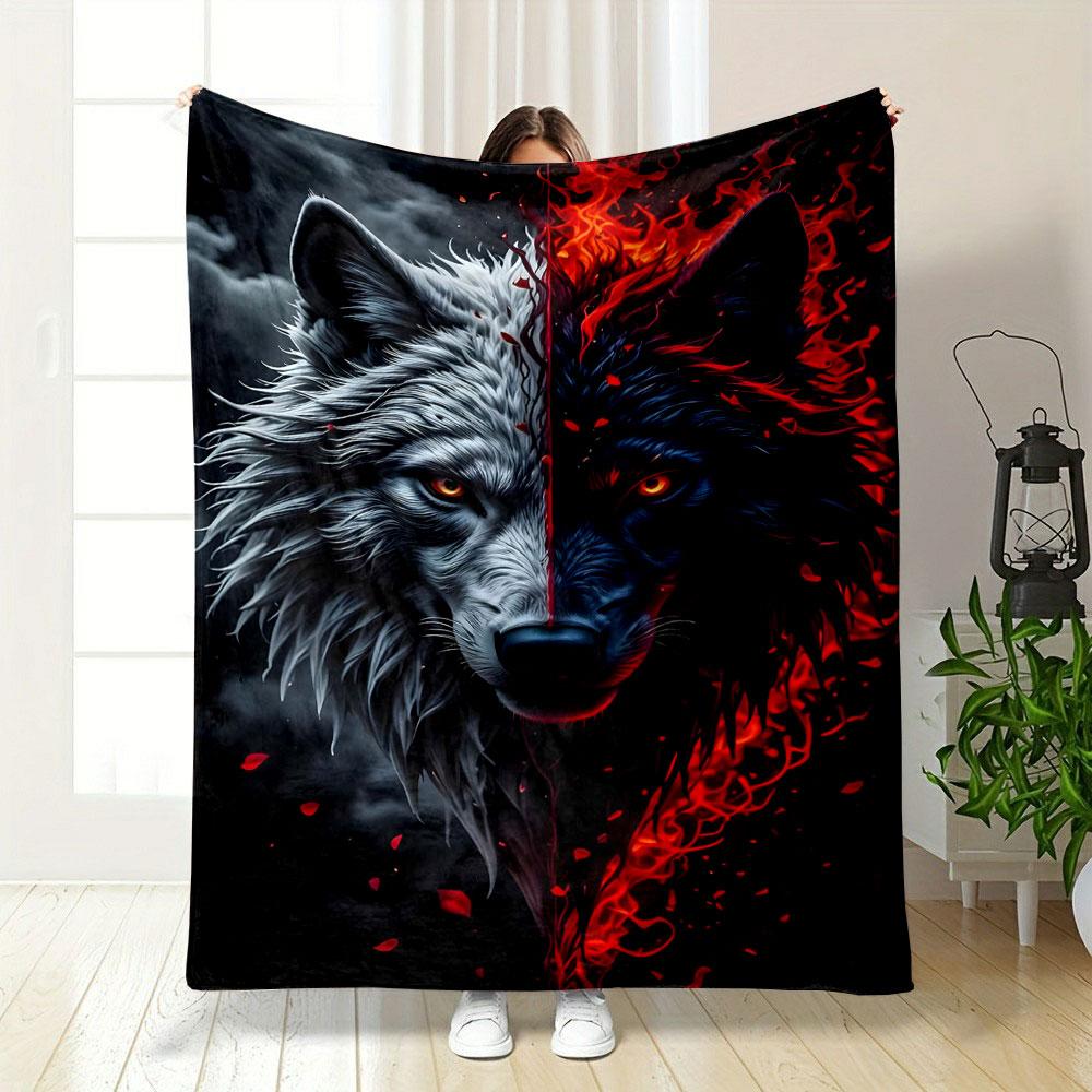 "Dual Wolf: Fire and Ice Contrast" Patterned Blanket, Flannel, Suitable for All Seasons, Home Decor, Warm and Cozy
