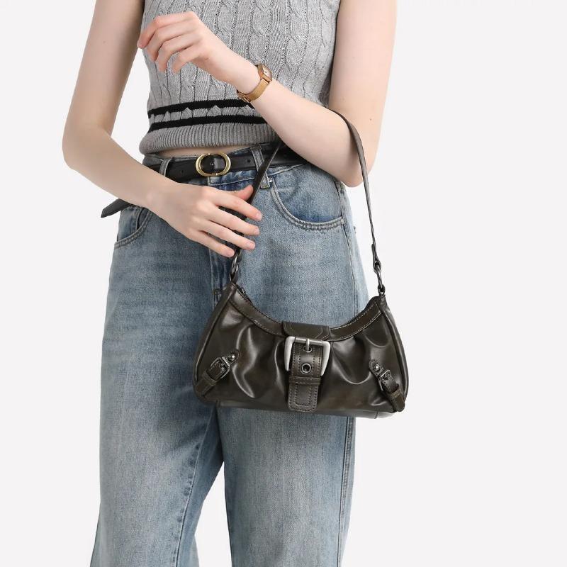Vintage Y2K Buckle Shoulder Bag Retro Distressed Leather Armpit Purse, Casual Streetwear Handbag for Women's Party Dinner Daily