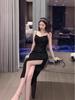 2024 Summer Korean Hepburn Black Sequin Slit Midi Slim Fit Suspender Dress
