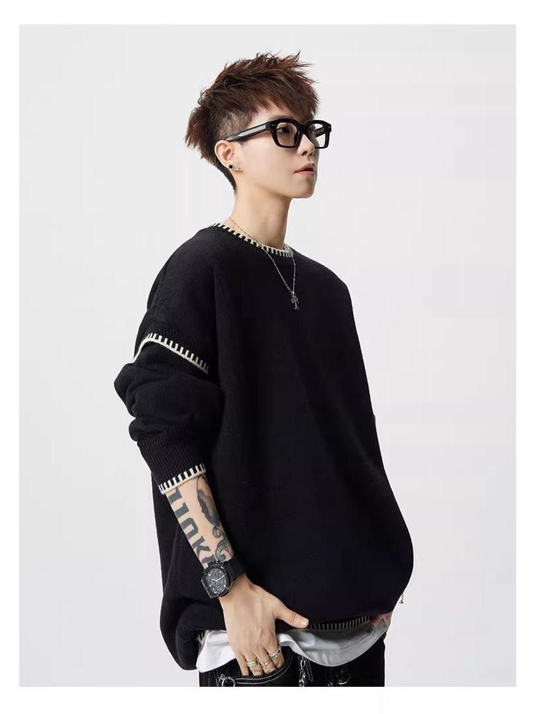 Men's Trendy Hand-Stitched High-End Knit Sweater with Contrasting Colors - Versatile and Stylish Base Layer