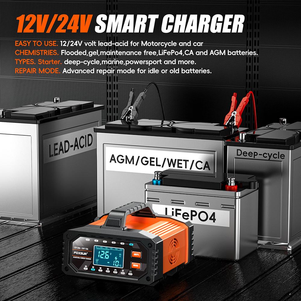 For AGM GEL SLA Lead-Acid LiFePO4 7-stage Chargers Smart Battey Charger 12V 24V 20A 10A Large Screen Digital Display Car Motorcycle Battery Charger