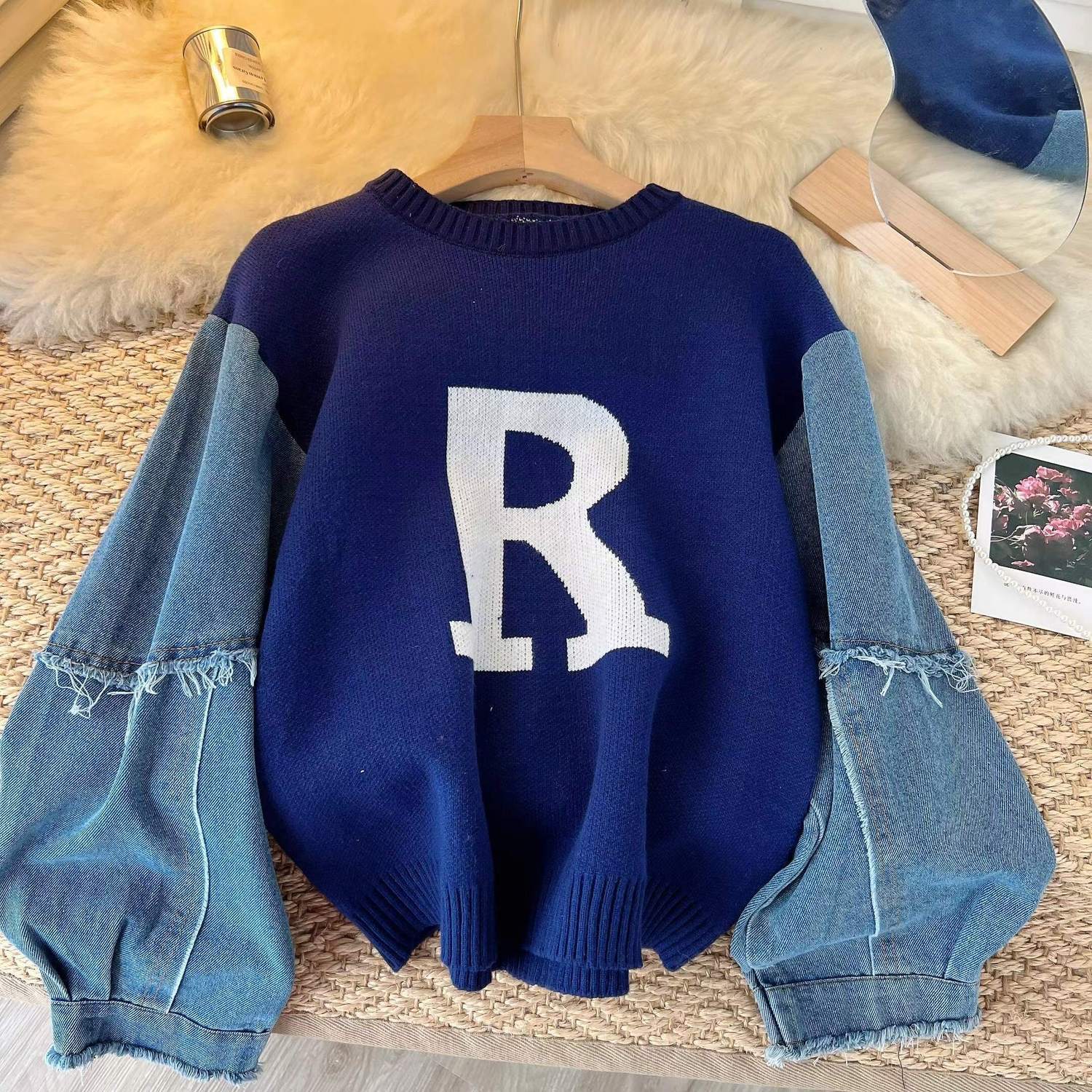 

Свитер с надписью «Denim Splicing Letter» для женщин, с длинными рукавами, осенний, универсальный, свободный, вязаный свитер XL тёмно-синий