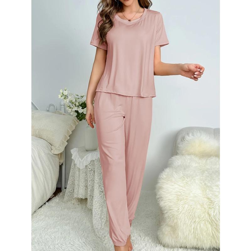 

Новый женский однотонный удобный повседневный топ с круглым вырезом и длинные брюки пижамный комплект женский домашний повседневный пижамный комплект XL розовый