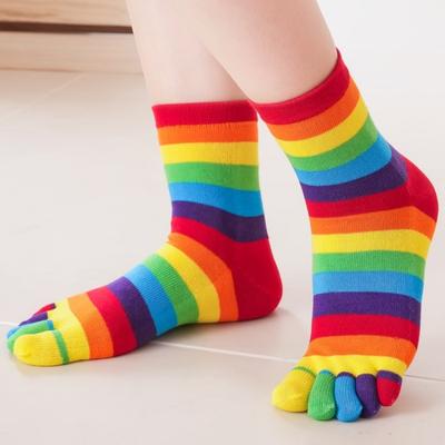 Women's Socks Rainbow Striped Five-finger Split Toe Cotton Mid-tube Socks Colorful Lines Simple Sports Funny Stockings