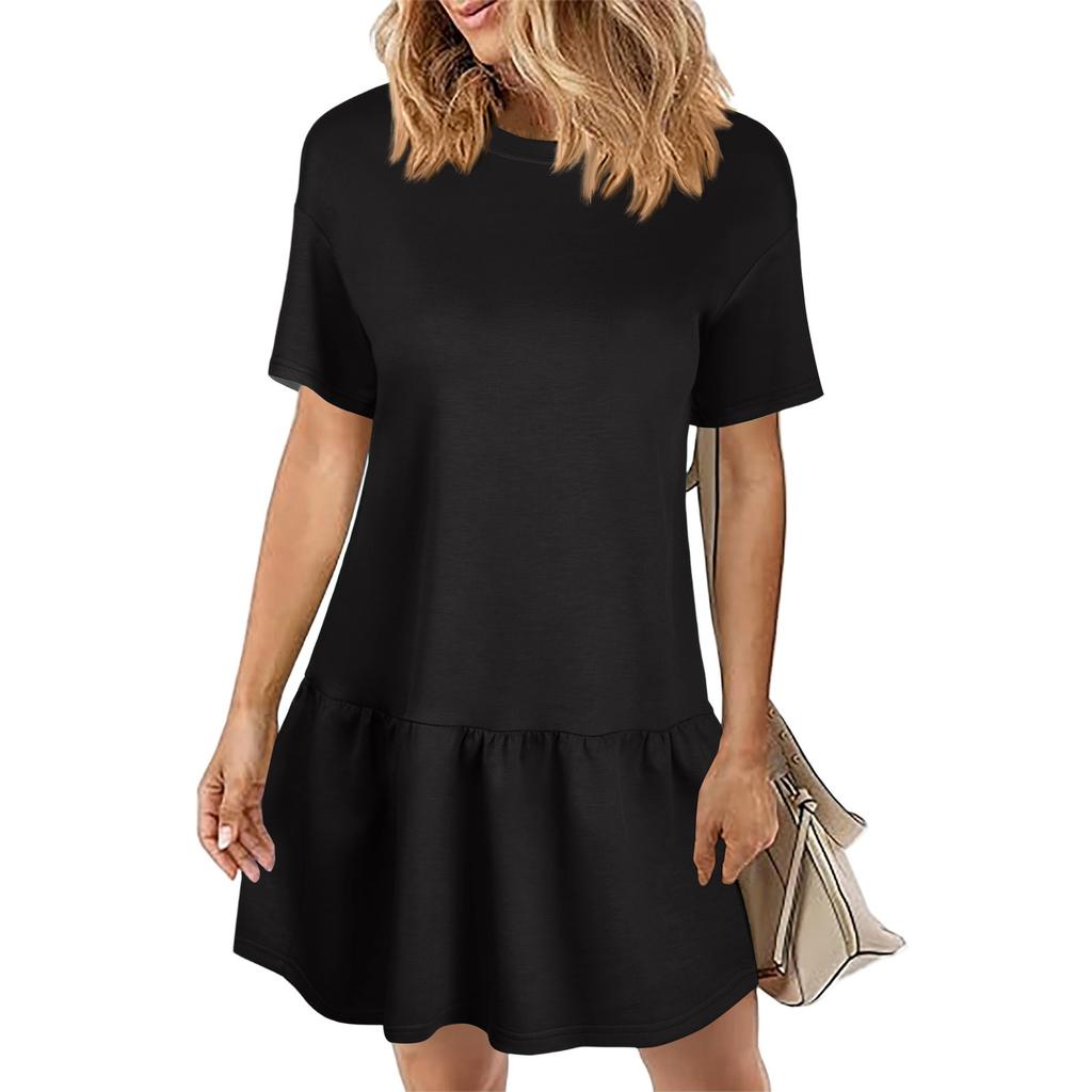 Women's Fashion Summer Round Neck Short Sleeve Patchwork Color Casual Dresses