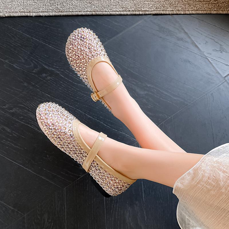 Ballet Single Shoes Women's Flat Bottom 2025 New Round Head Mesh Mary Jane Fairy Wind Soft Bottom Rhinestone Breathable Women's Shoes