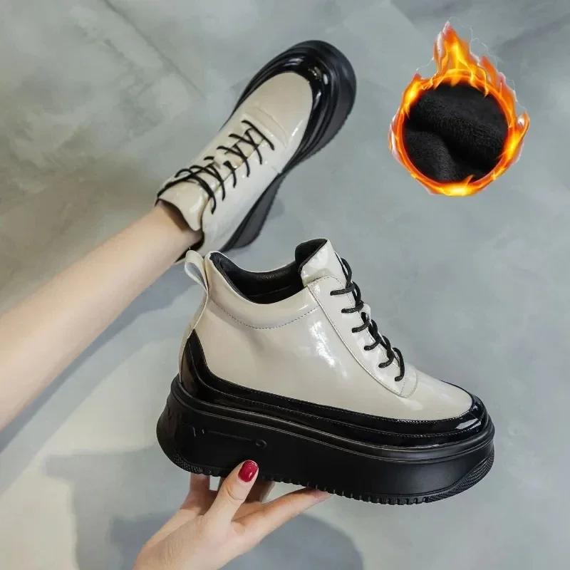 7cm Elevator Shoes Platform Wedge Ankle Boots Autumn Pumps Women Heightened Shoes Fashion Super Thick Females Plush Warm Shoes