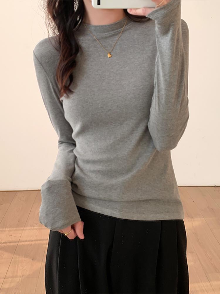 Women's Slim-Fit Stand Collar Long-Sleeve Fleece Base Layer Top - White, Ideal for Autumn and Winter Layering.