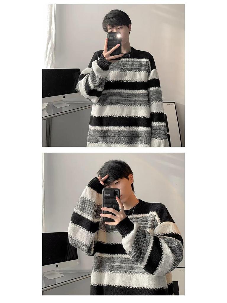 Men’s Trendy Korean Striped Knit Sweater – High-End, Versatile & Stylish
