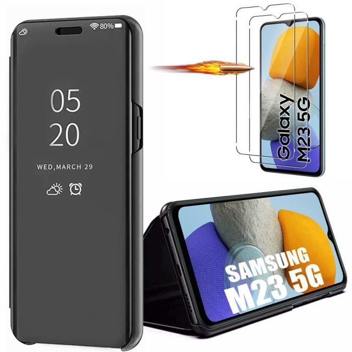 Coque pour Samsung Galaxy M23 5G + 2 Verres Trempés Effet Miroir Protection Noir Clear View