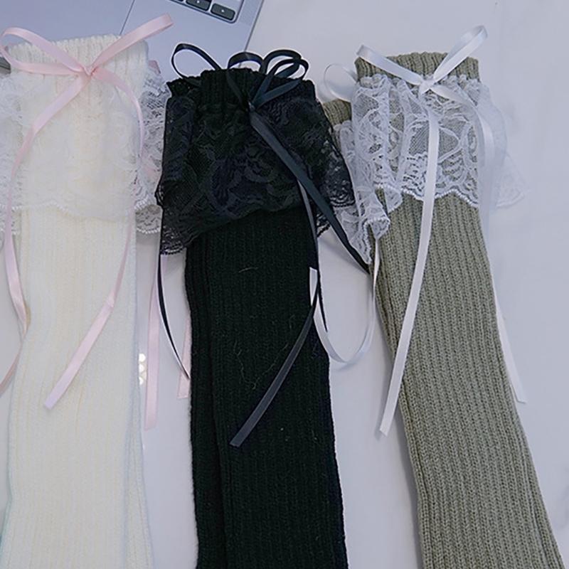 Elegant Ribbed Knit Stretch Leg Warmers Boot Covers Lace Trimmed Ribbon Bowknot Leg Sleeve Knee Length Socks for Women