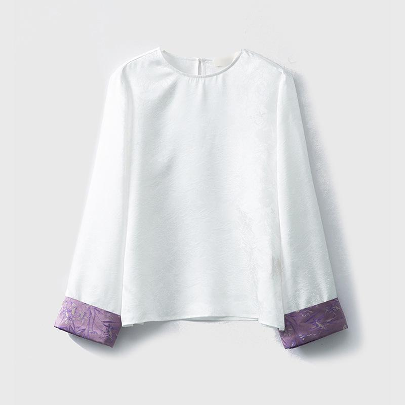 

Spring Style Women s Color Block Mulberry Silk Jacquard Top with Flower Patchwork and Roll-up Sleeves Medium