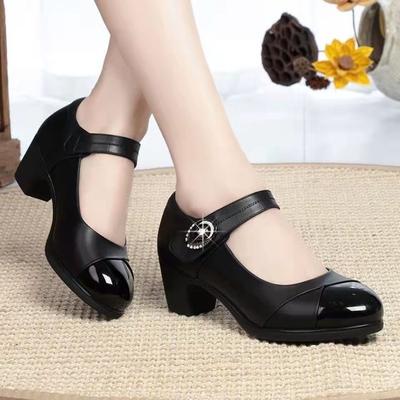 Women's Moccasins Thick Heels Soft Soles High Heels Women's Leather Comfortable Mid-heel Buckle Single Thick Heel Shoes