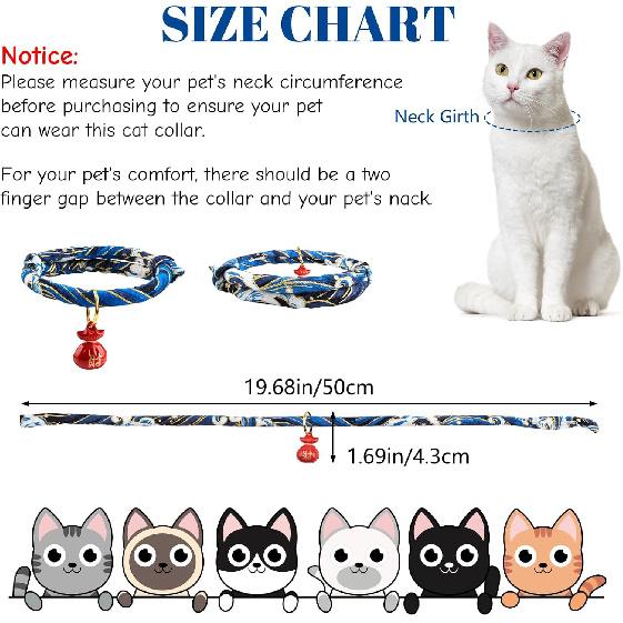 Cat Collar with Bell, 1 Pack Blue Japanese Style Waves Print Pet Collar Adjustable Cat Collar with Fortune Bell for Small Cats Puppy Pets, M