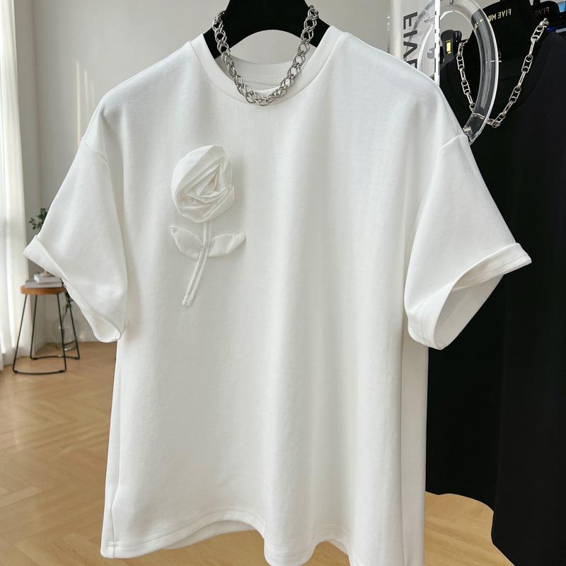 

Women Clothing Floral Cotton Tshirts Chic Summer Tees Short Sleeve O-neck T2k Tops Streetwear White T-shirt 2XL білий