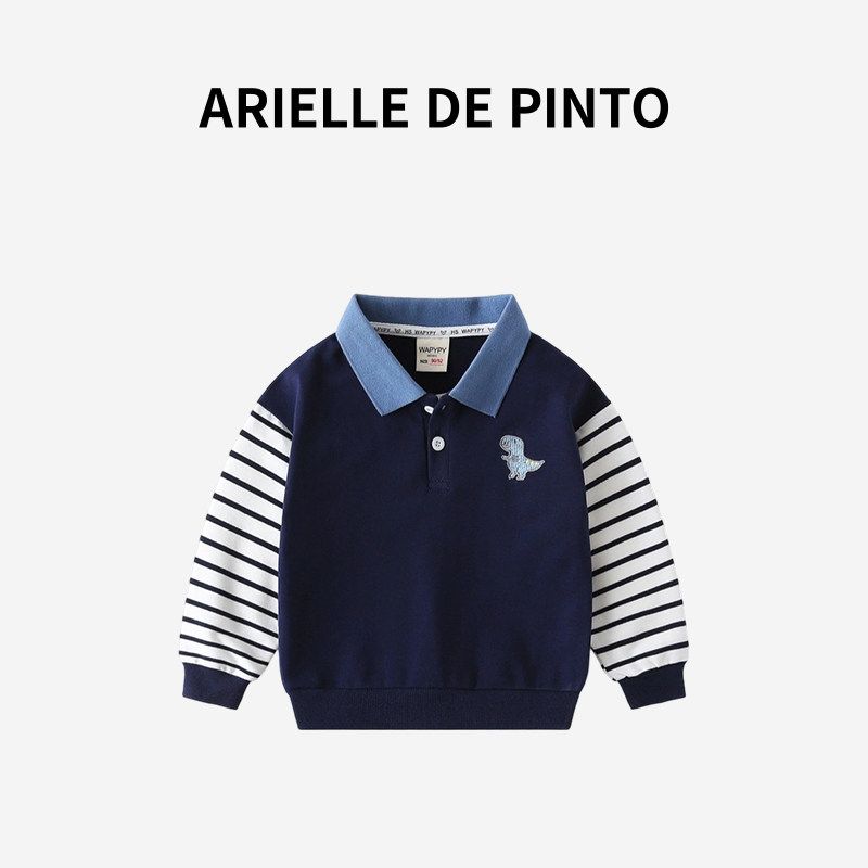 French Brand Arielle De Pinto Boys  New Autumn Outfit: Stylish Sweatshirt with Patchwork Sleeves, Dinosaur Embroidery, and Turn-Down Collar Navy Blue Sleeves 130