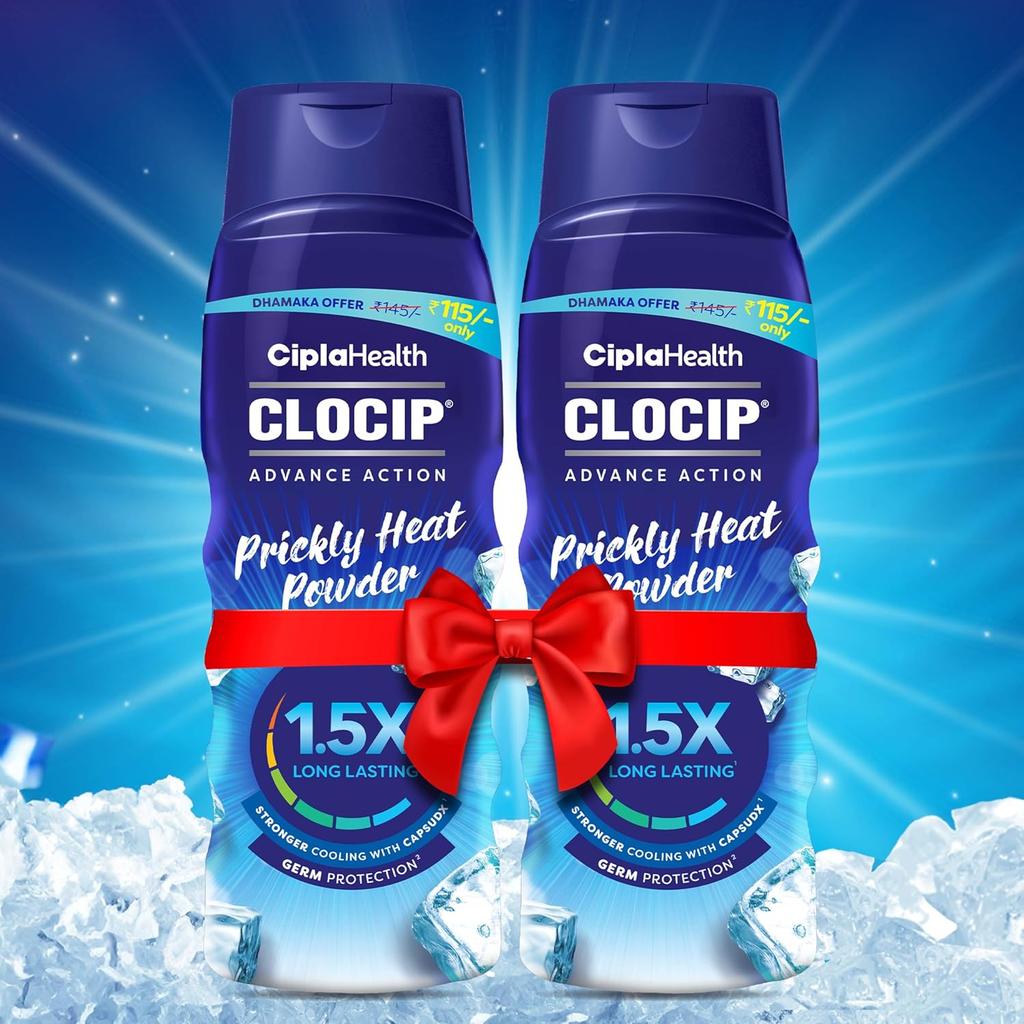 Cipla Clocip Advance Action Prickly Heat Powder 150g Pack of 2 Sweat Control Antiperspirant